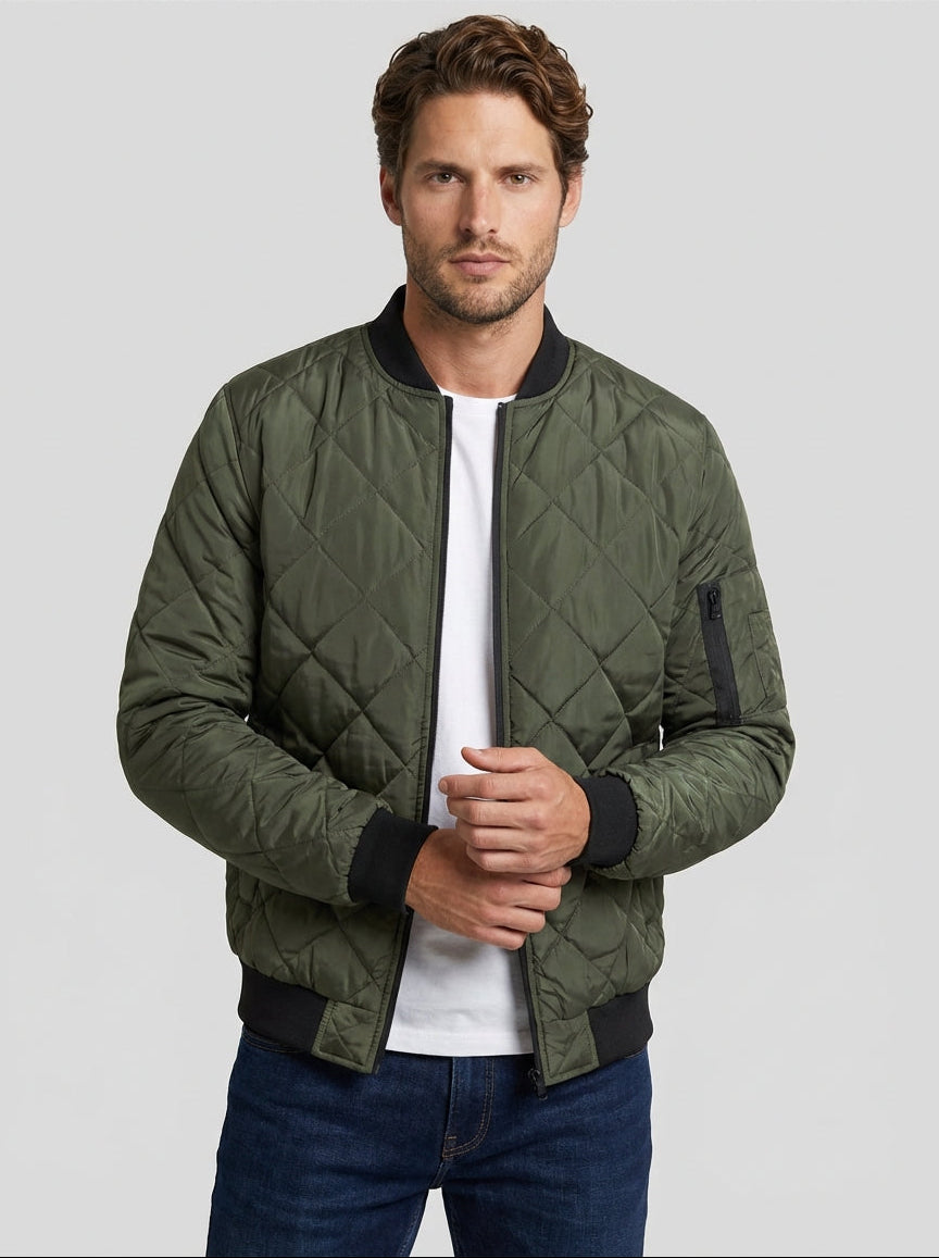 Men Satin Finish Diamond Quilted Bomber Jacket with Sleeve Utility Pocket