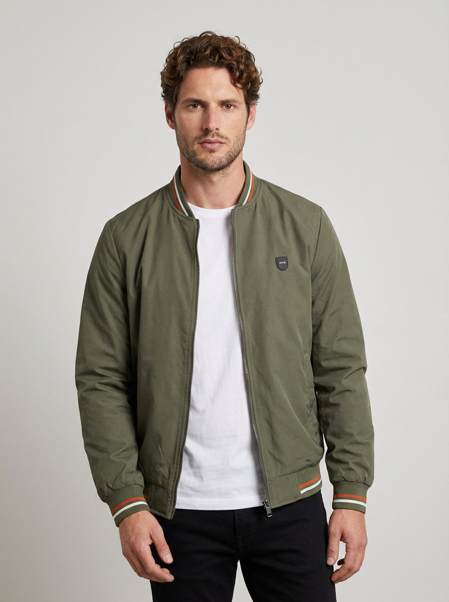 Men Lightweight Structured Woven Bomber Jacket with Tipped Ribbed Trims