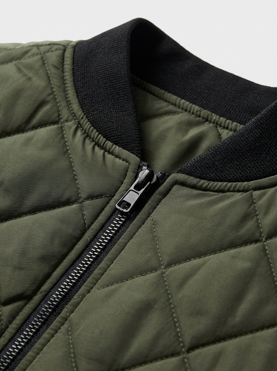 Men Satin Finish Diamond Quilted Bomber Jacket with Sleeve Utility Pocket