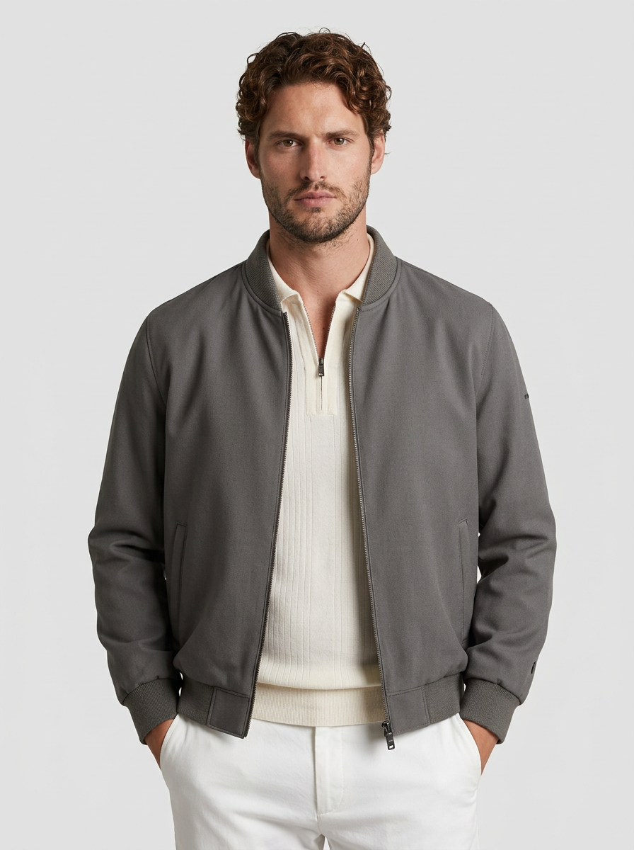 Men's Structured Woven Bomber Jacket with Ribbed Trim