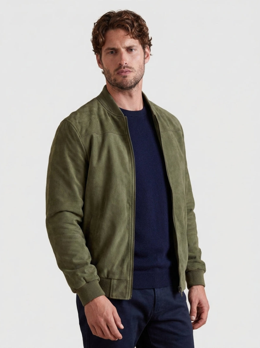 Men Faux Suede Bomber Jacket with Zip Front and Ribbed Trims