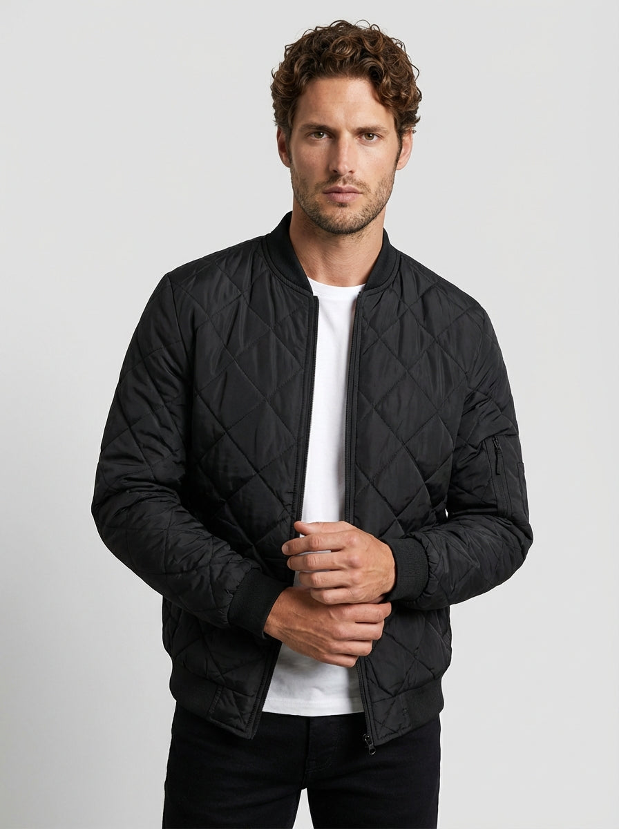 Men Satin Finish Diamond Quilted Bomber Jacket with Sleeve Utility Pocket