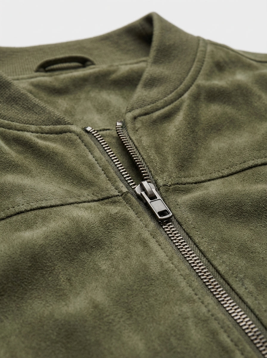 Men Faux Suede Bomber Jacket with Zip Front and Ribbed Trims