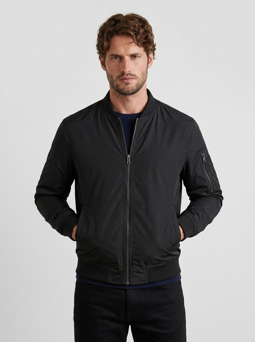 Men's Satin Finish Woven Bomber Jacket with Sleeve Zip Pocket