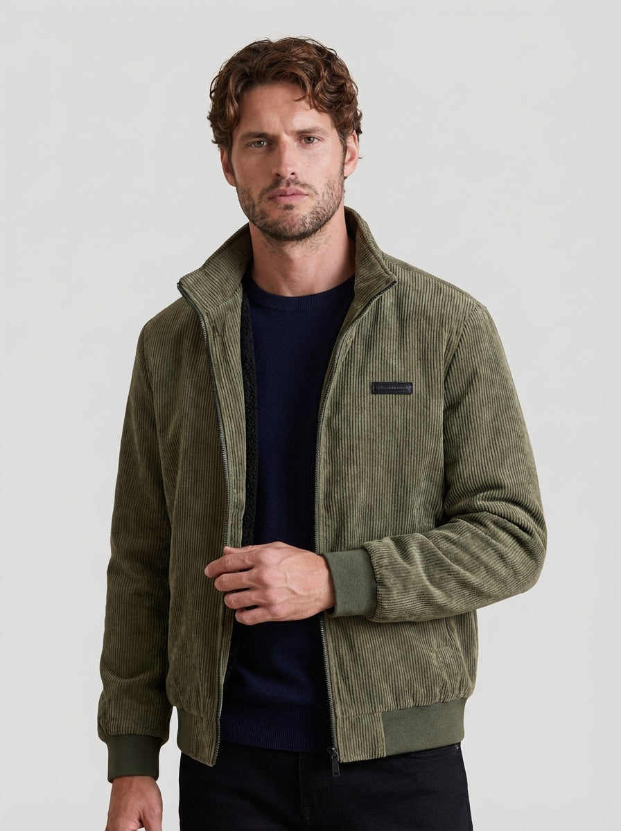 Men Textured Corduroy Bomber Jacket with Fleece Lining and Stand Collar
