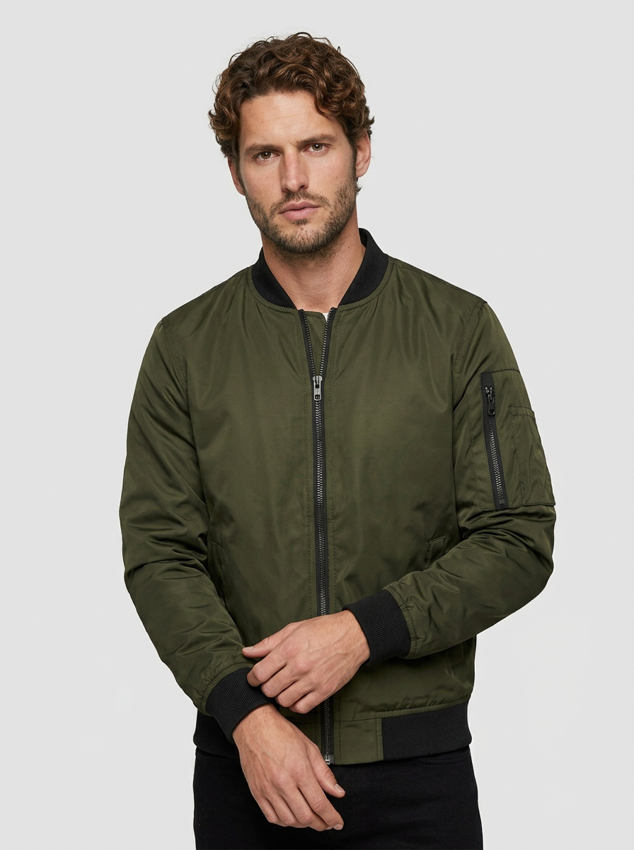 Men's Satin Finish Woven Bomber Jacket with Sleeve Zip Pocket