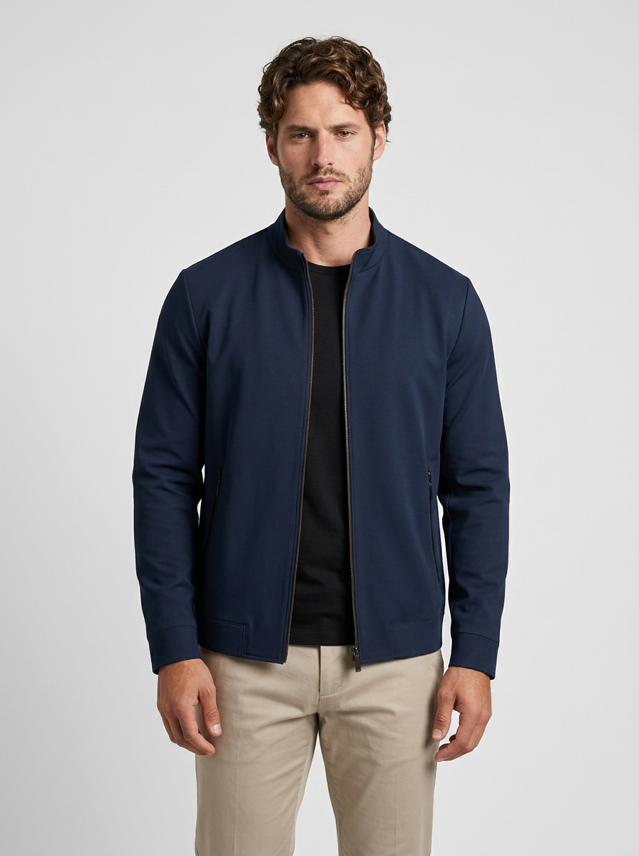 Men's Structured Performance Knit Zip Up Bomber Jacket with Stand Collar