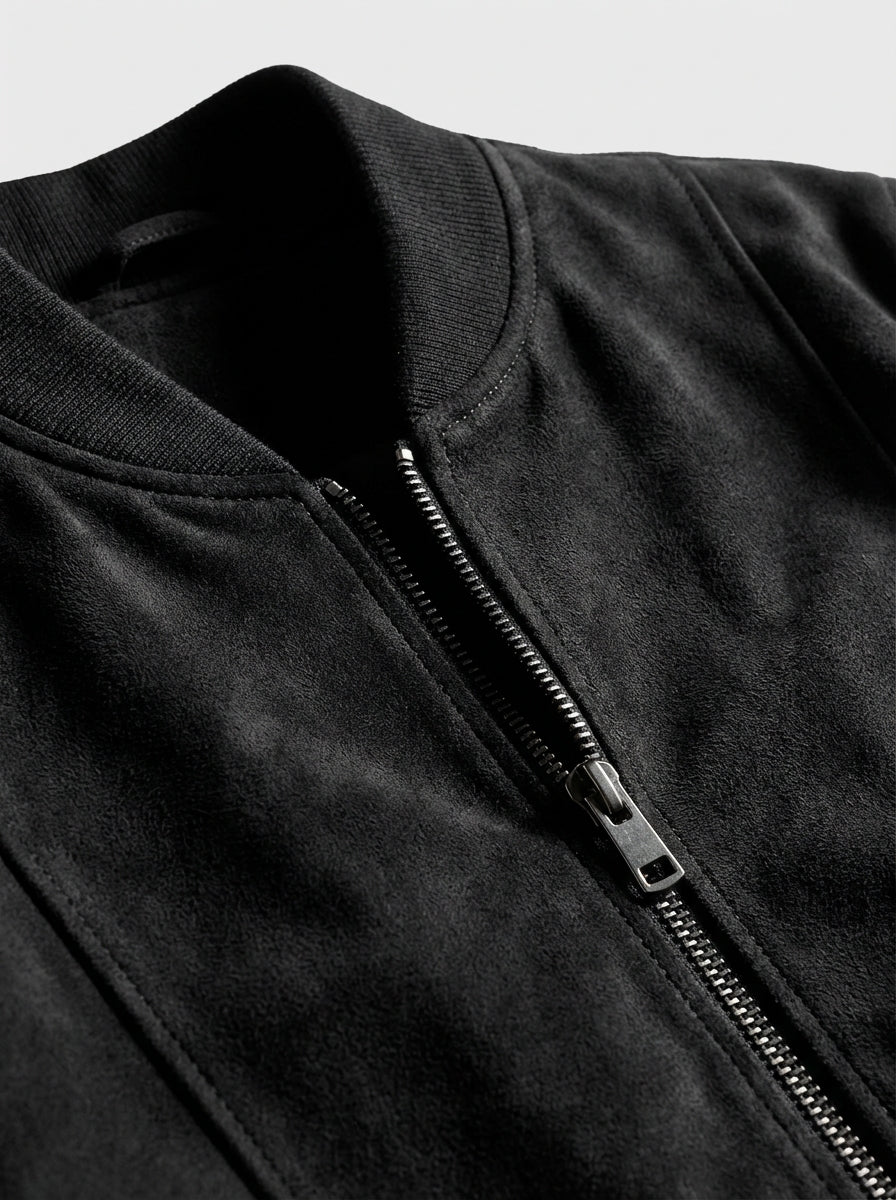 Men Faux Suede Bomber Jacket with Vertical Panel Stitching