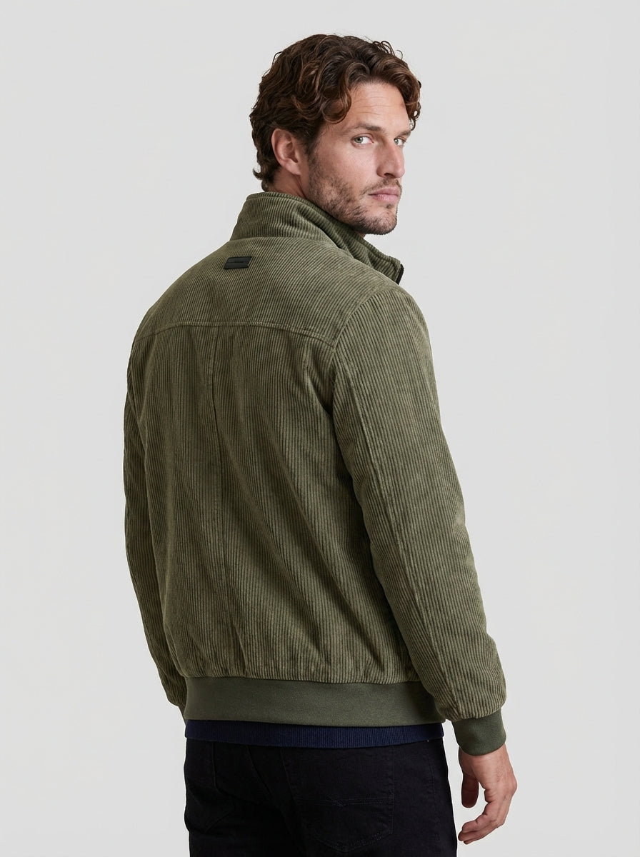 Men Textured Corduroy Bomber Jacket with Fleece Lining and Stand Collar
