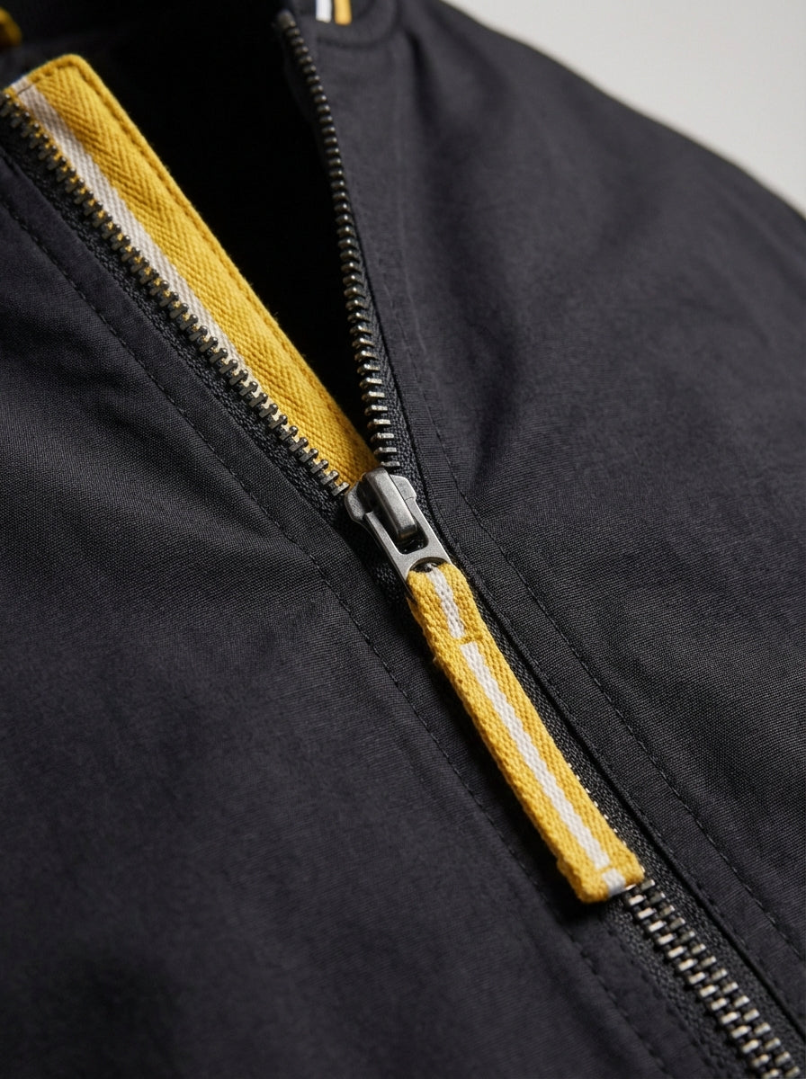 Men Lightweight Structured Woven Bomber Jacket with Tipped Ribbed Trims