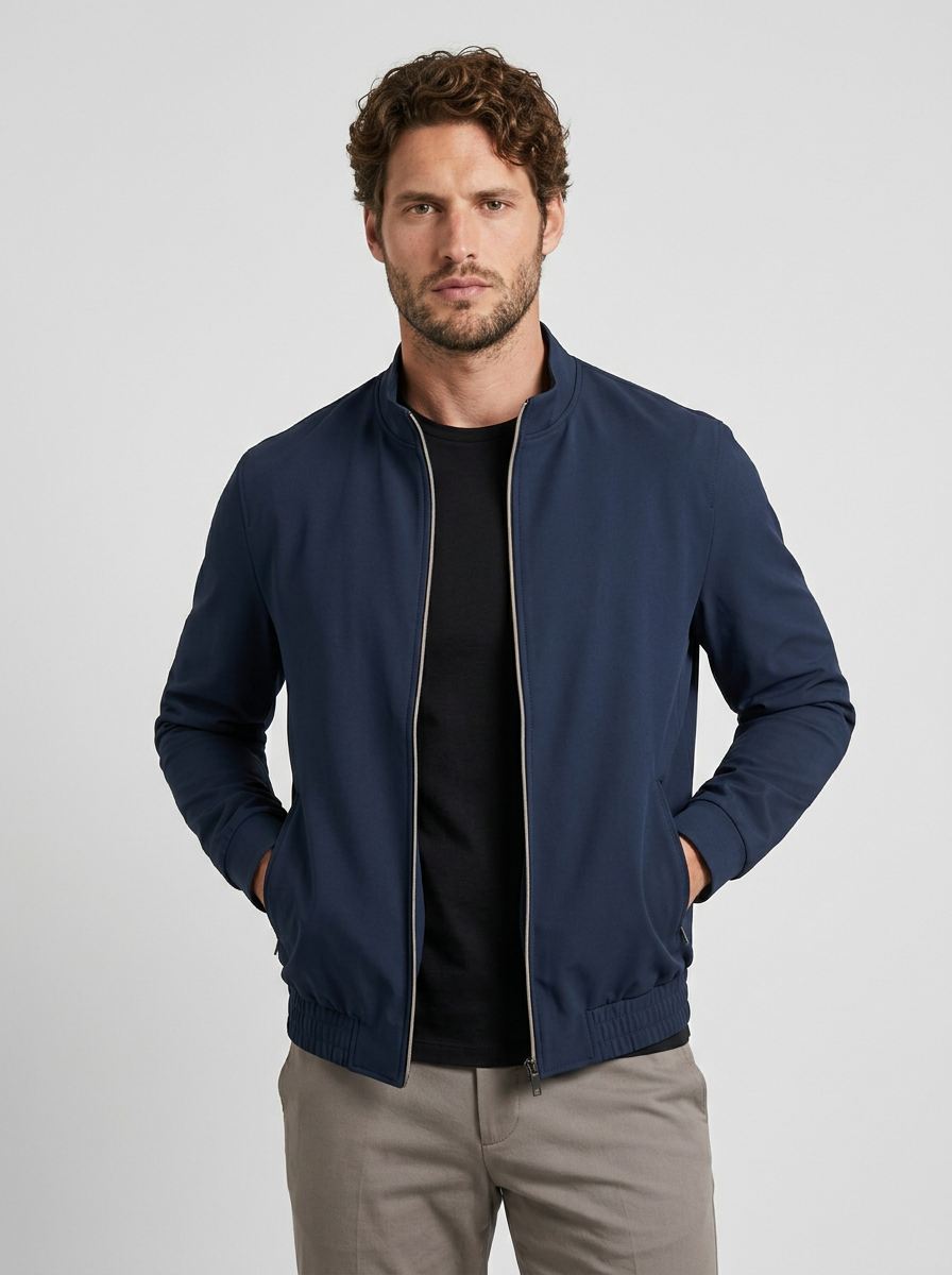 Men's Structured Performance Knit Zip Up Bomber Jacket with Stand Collar