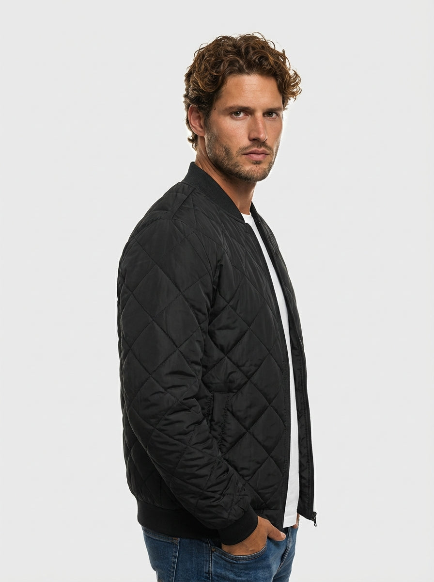 Men Satin Finish Diamond Quilted Bomber Jacket with Sleeve Utility Pocket