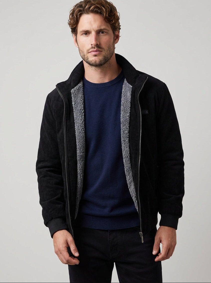 Men Textured Corduroy Bomber Jacket with Fleece Lining and Stand Collar