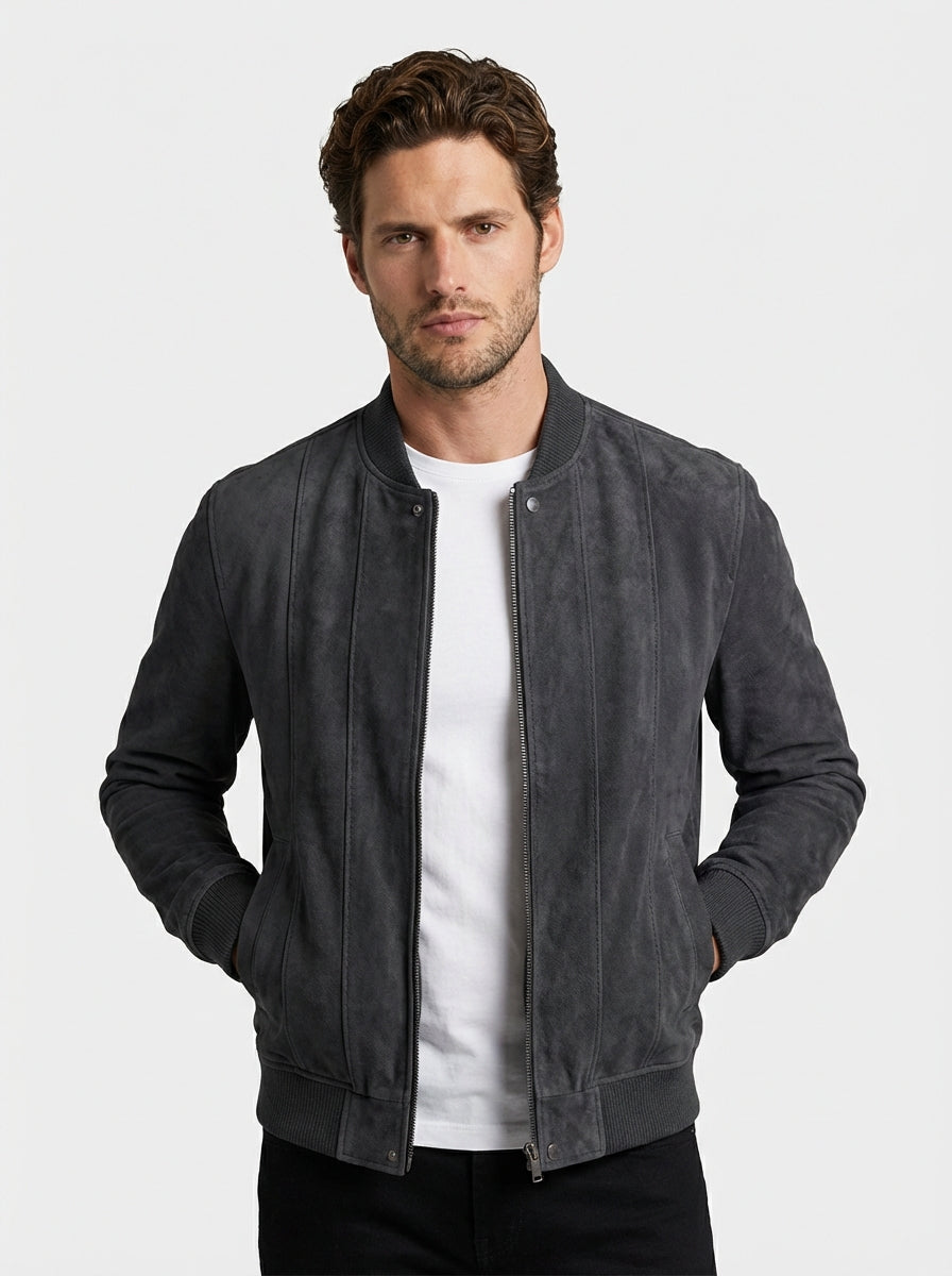 Men Faux Suede Bomber Jacket with Vertical Panel Stitching