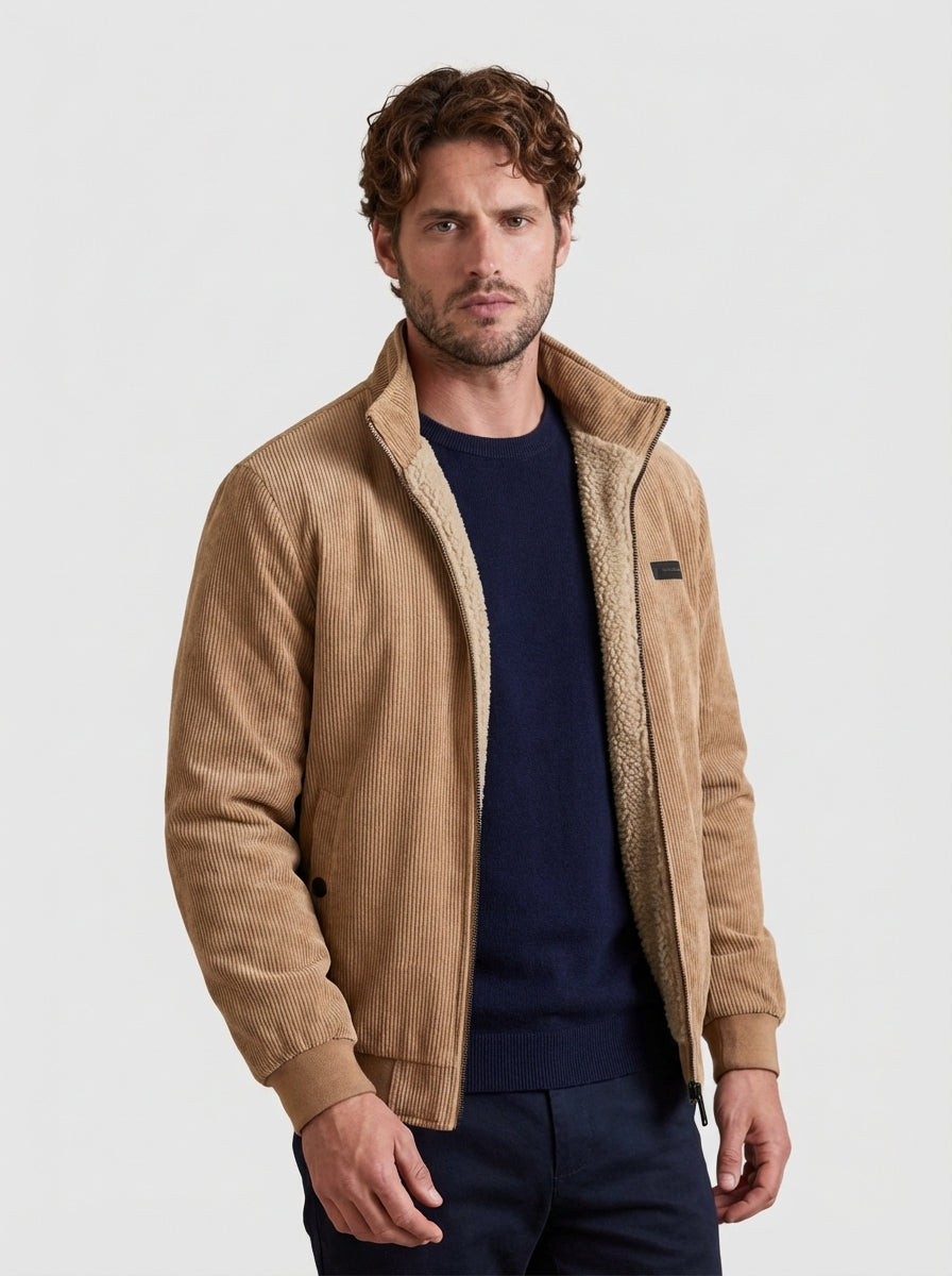 Men Textured Corduroy Bomber Jacket with Fleece Lining and Stand Collar