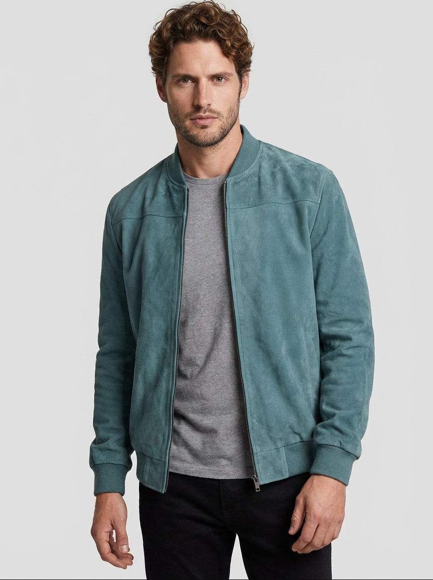 Men Faux Suede Bomber Jacket with Zip Front and Ribbed Trims