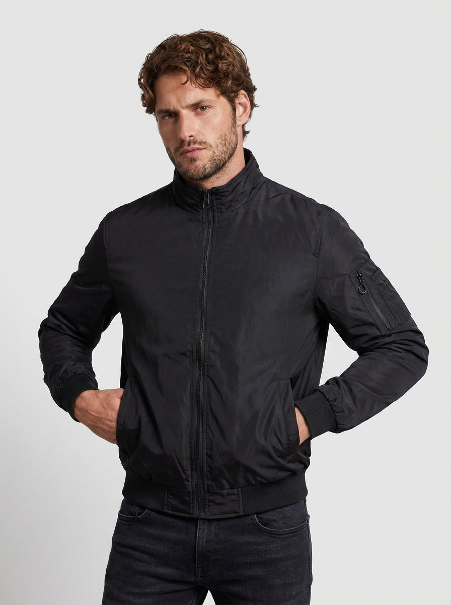 Men's Structured Woven Bomber Jacket with Sleeve Utility Pocket