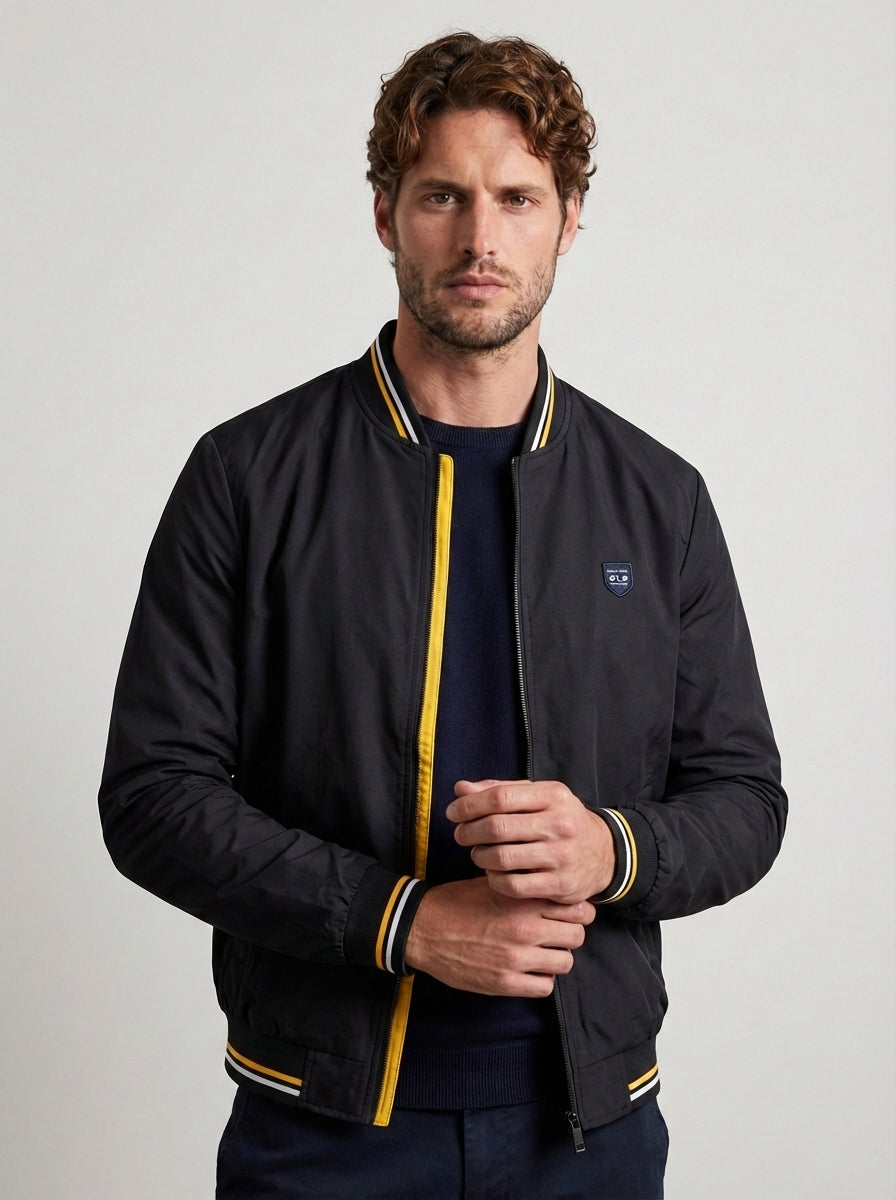 Men Lightweight Structured Woven Bomber Jacket with Tipped Ribbed Trims