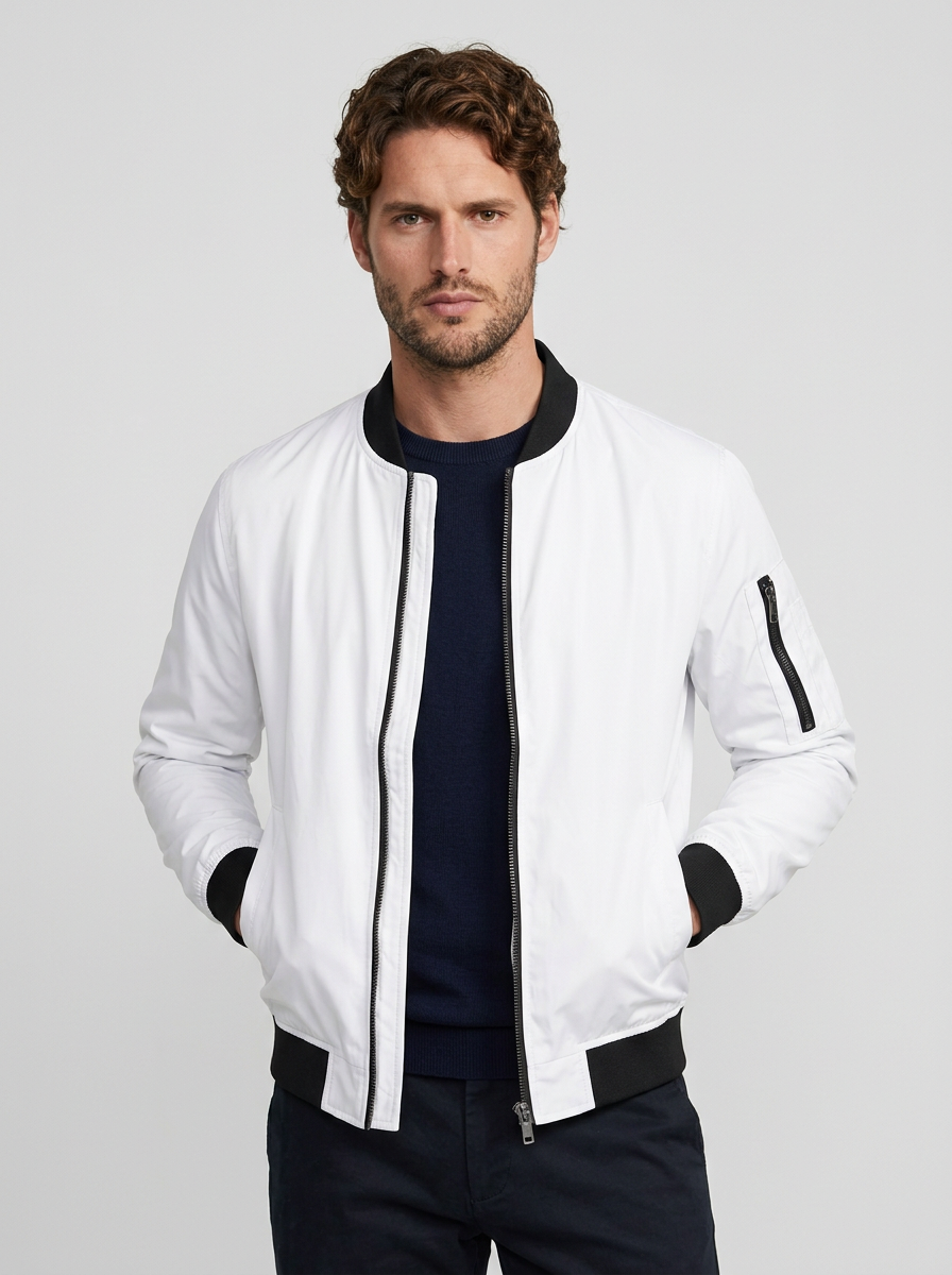 Men's Satin Finish Woven Bomber Jacket with Sleeve Zip Pocket
