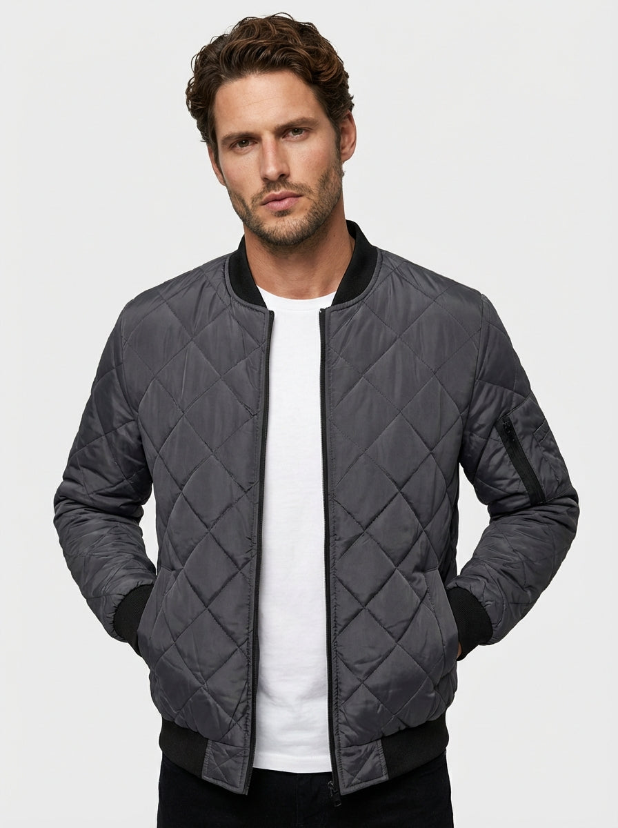 Men Satin Finish Diamond Quilted Bomber Jacket with Sleeve Utility Pocket