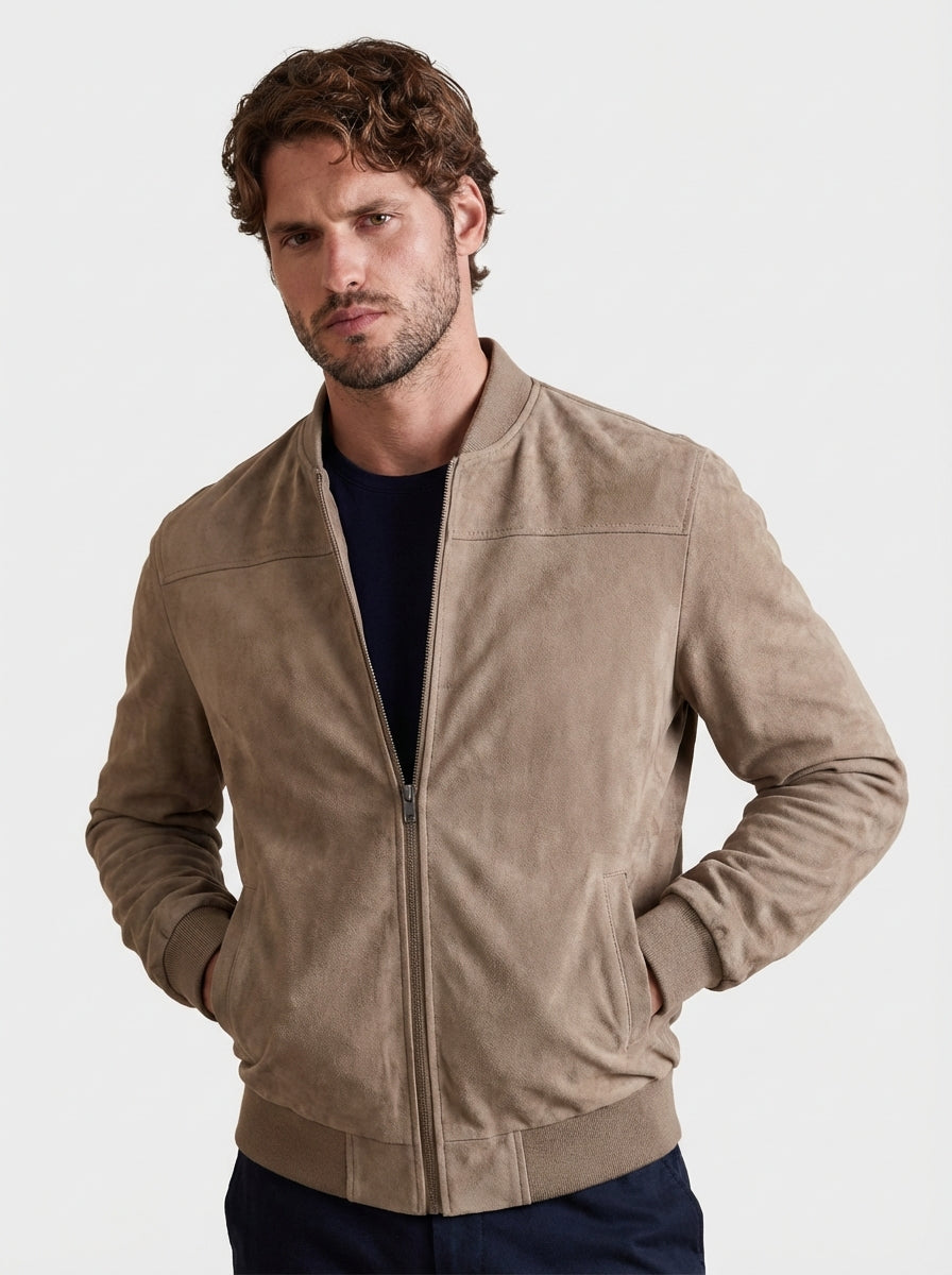 Men Faux Suede Bomber Jacket with Zip Front and Ribbed Trims