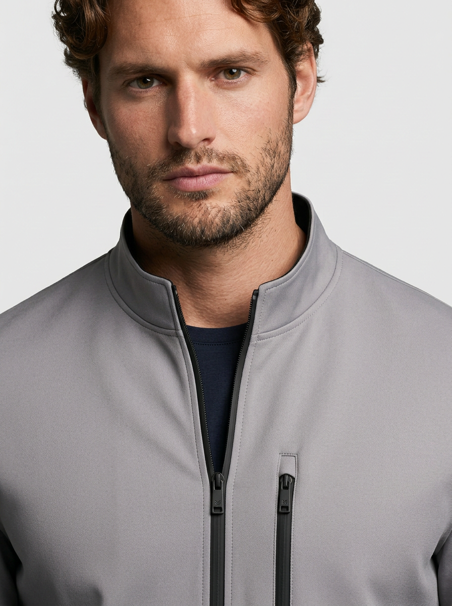 Men's Structured Performance Knit Zip Up Bomber Jacket with Stand Collar