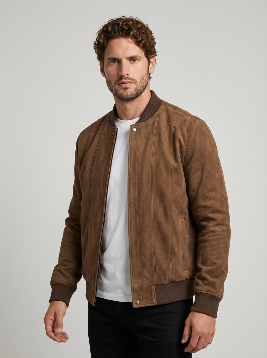 Men Faux Suede Bomber Jacket with Vertical Panel Stitching