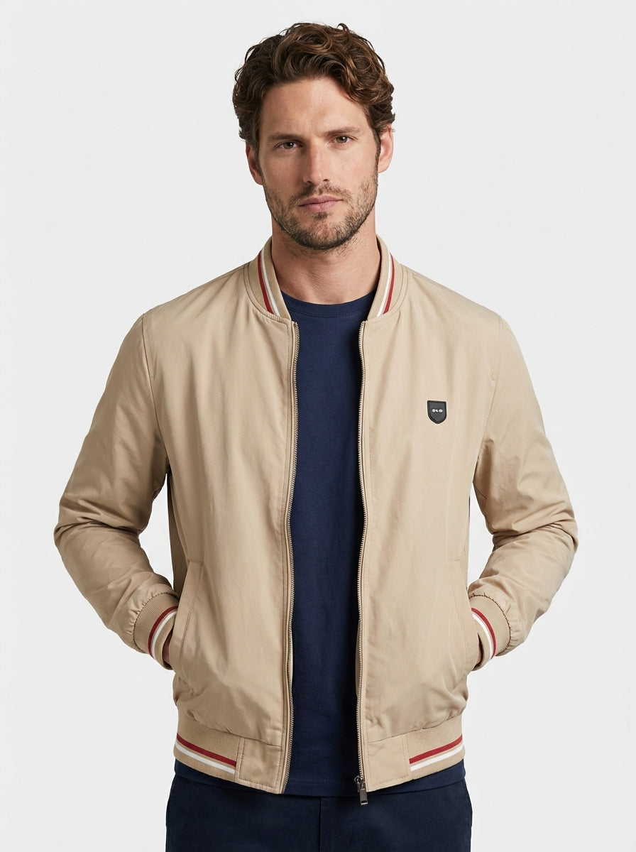 Men Lightweight Structured Woven Bomber Jacket with Tipped Ribbed Trims