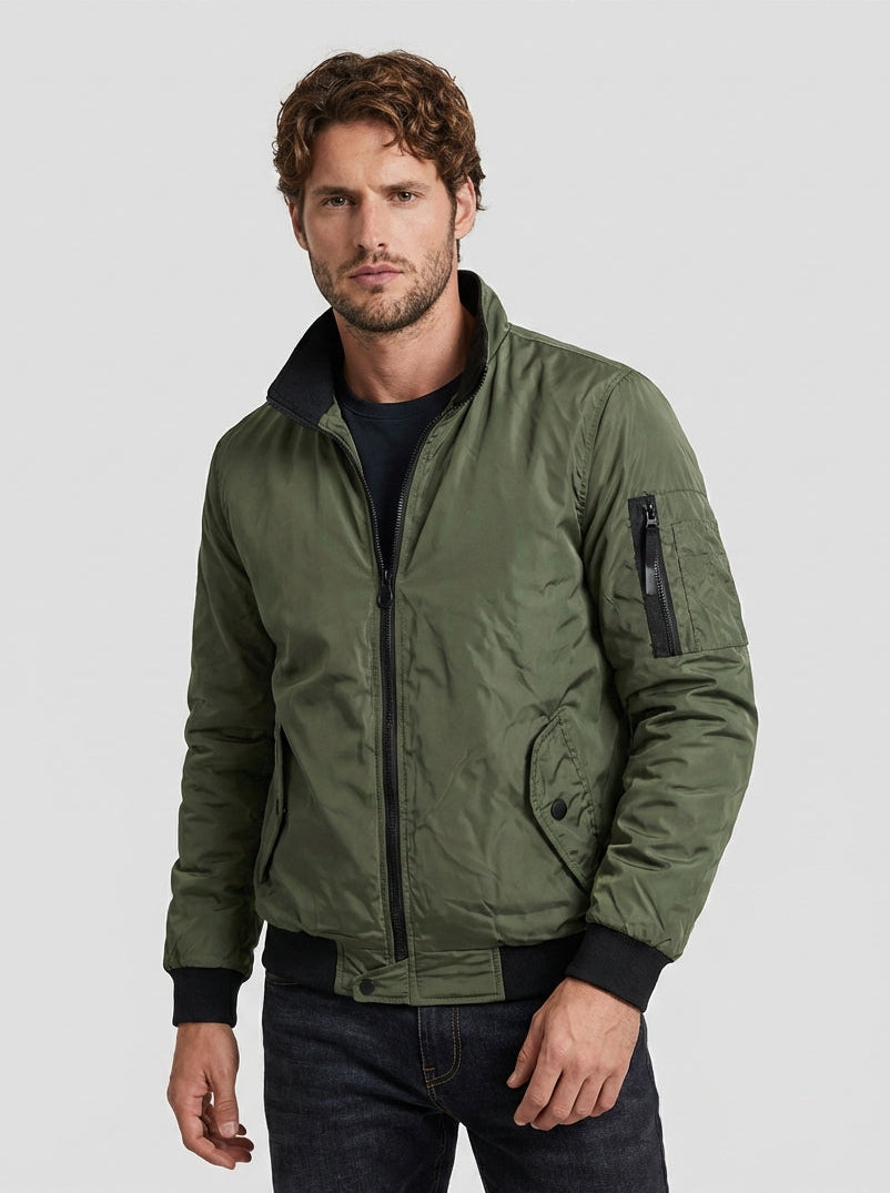 Men's Structured Woven Bomber Jacket with Sleeve Utility Pocket