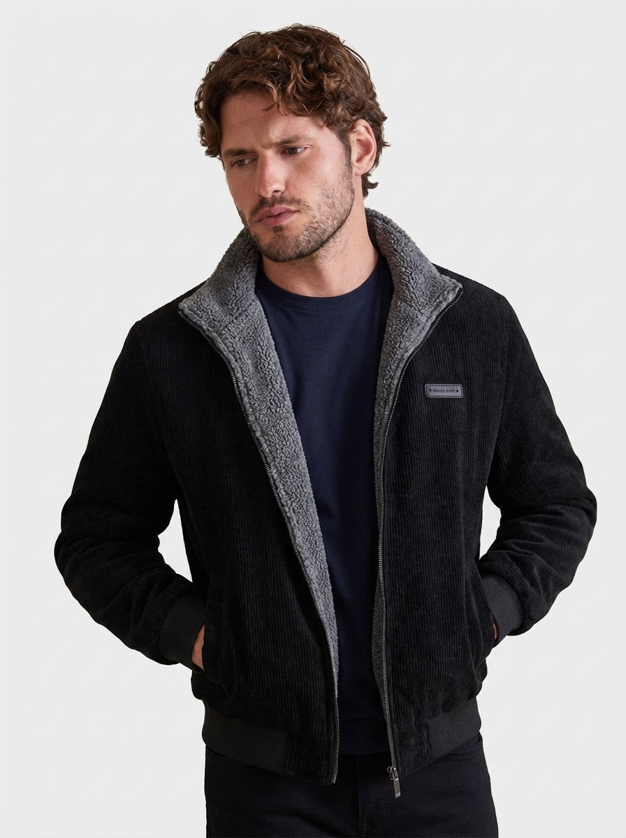 Men Textured Corduroy Bomber Jacket with Fleece Lining and Stand Collar