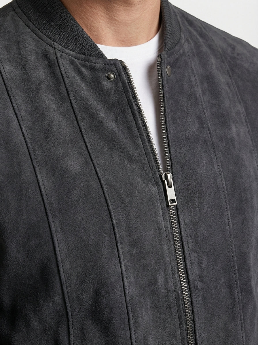 Men Faux Suede Bomber Jacket with Vertical Panel Stitching