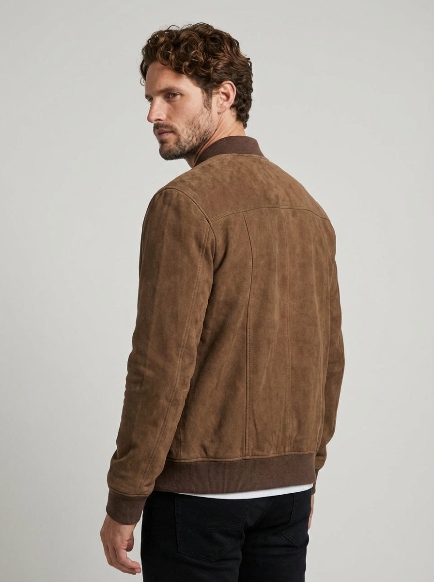 Men Faux Suede Bomber Jacket with Vertical Panel Stitching