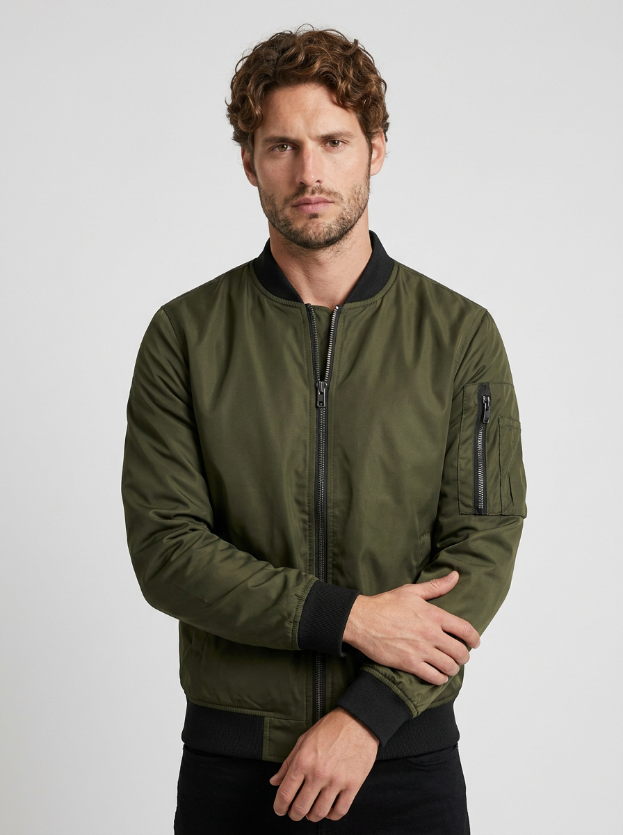 Men's Satin Finish Woven Bomber Jacket with Sleeve Zip Pocket