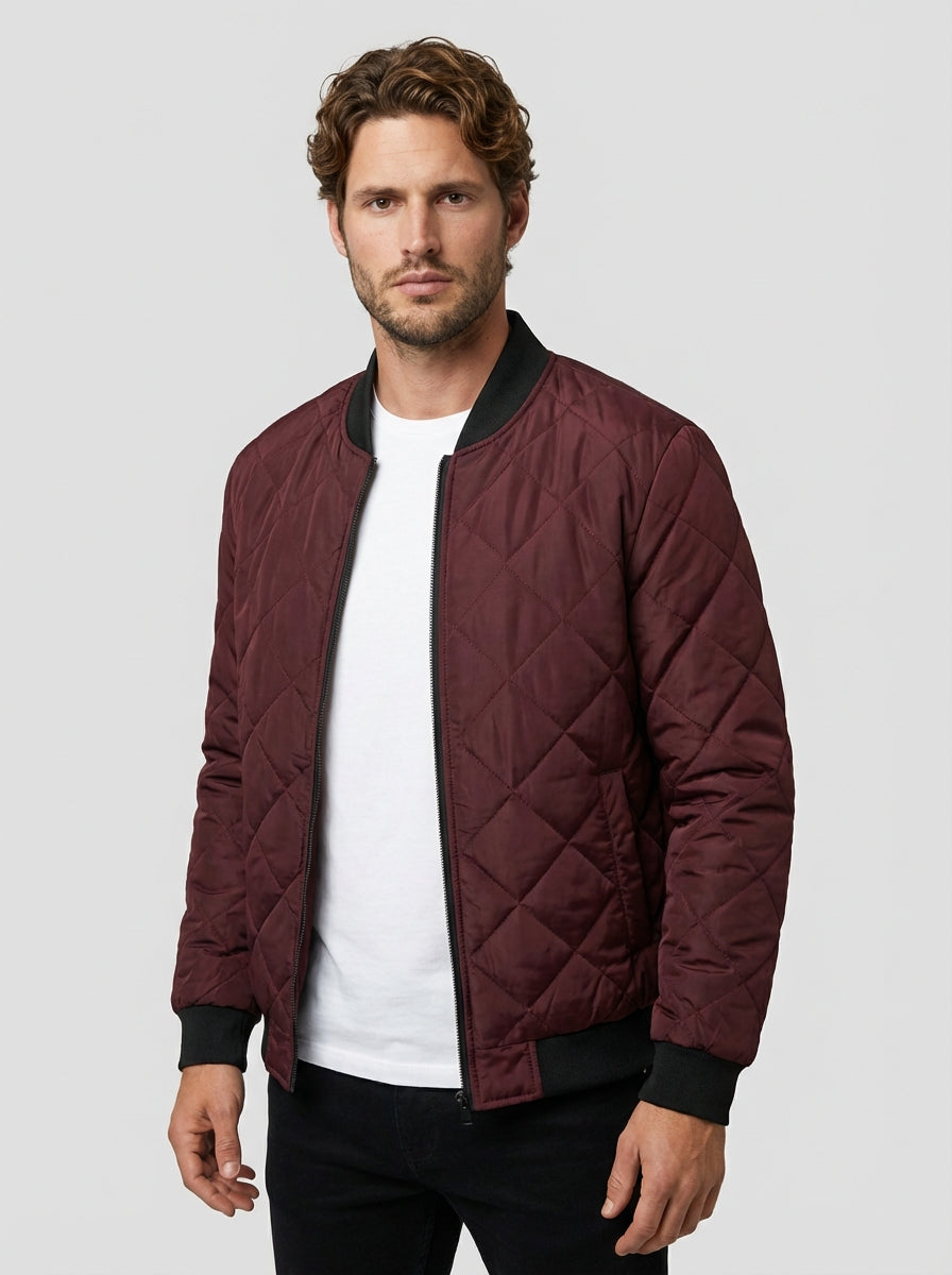 Men Satin Finish Diamond Quilted Bomber Jacket with Sleeve Utility Pocket