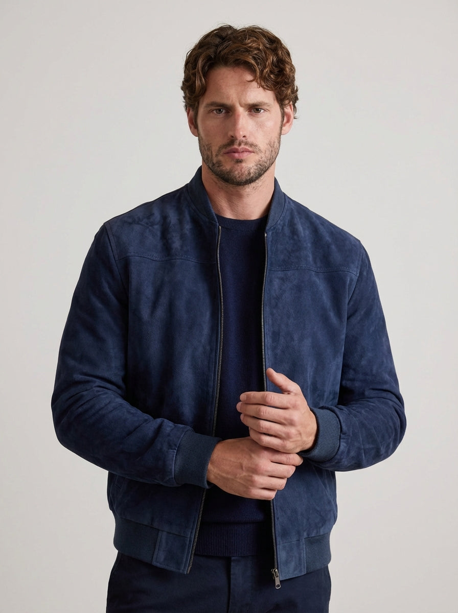 Men Faux Suede Bomber Jacket with Zip Front and Ribbed Trims