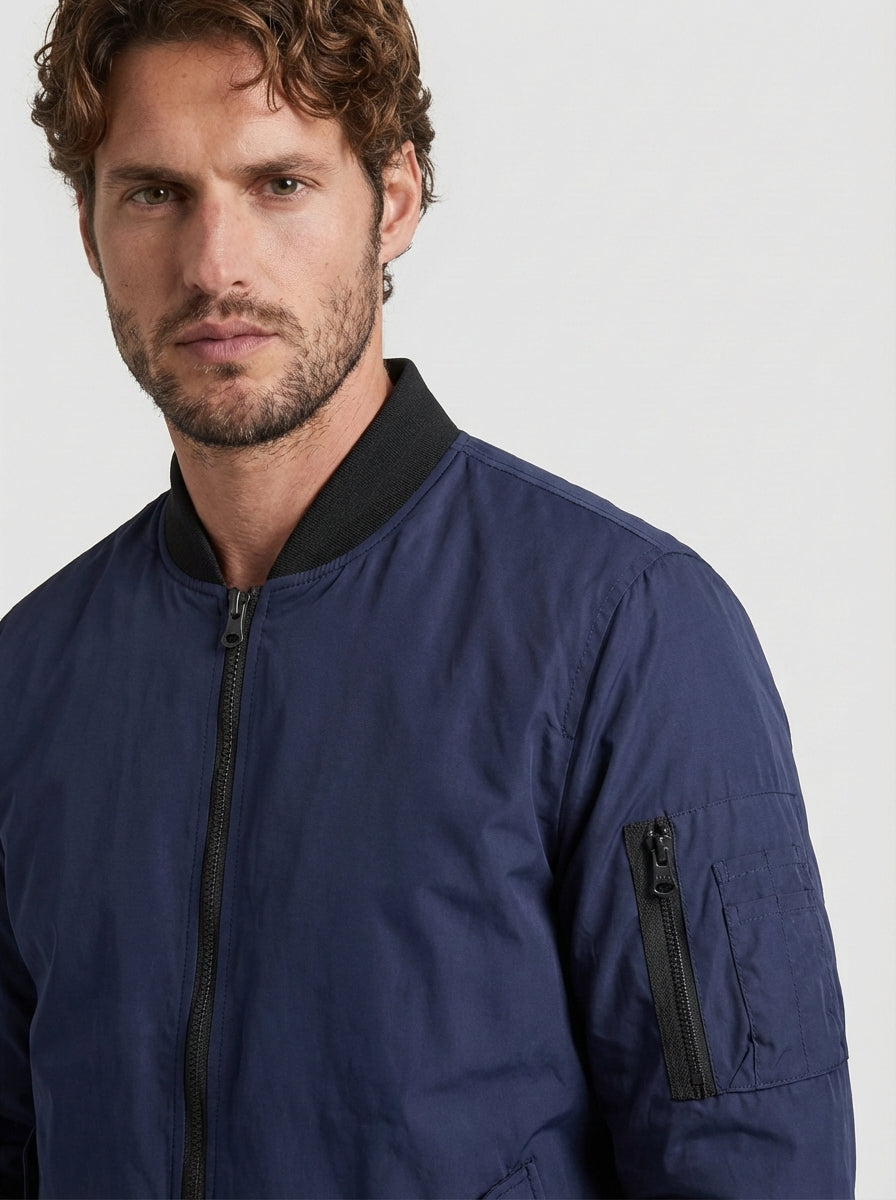 Men's Structured Woven Bomber Jacket with Sleeve Utility Pocket