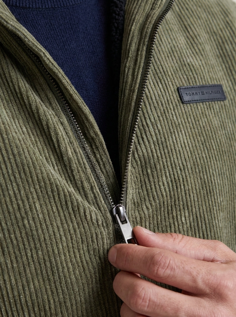 Men Textured Corduroy Bomber Jacket with Fleece Lining and Stand Collar