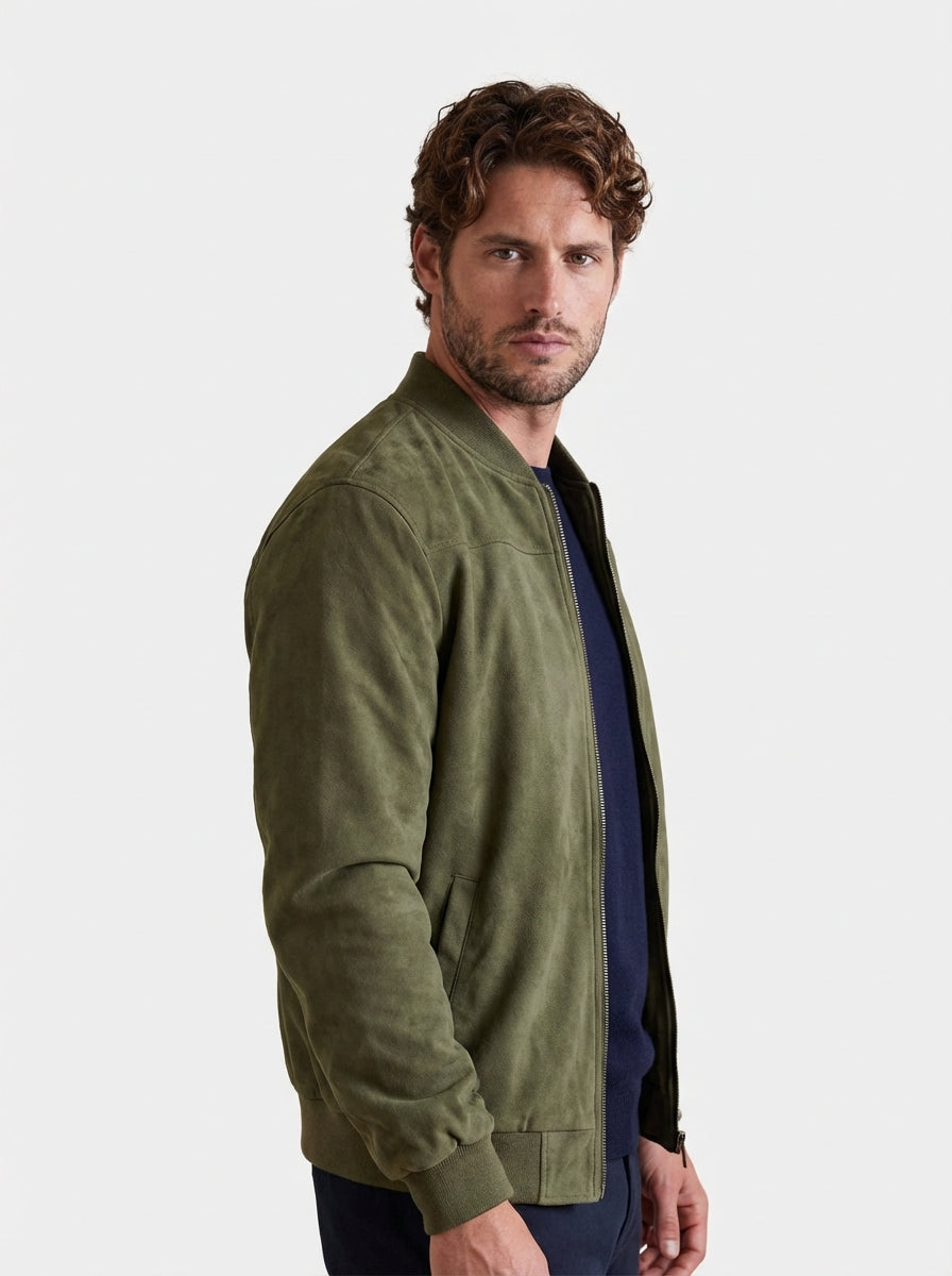 Men Faux Suede Bomber Jacket with Zip Front and Ribbed Trims