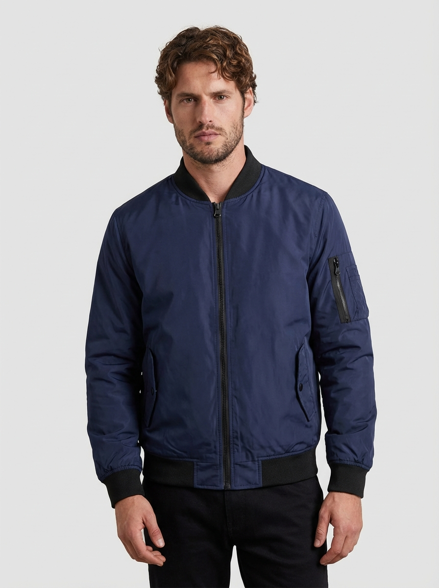 Men's Structured Woven Bomber Jacket with Sleeve Utility Pocket