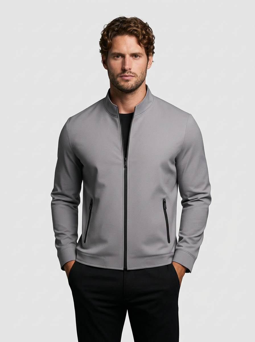 Men's Structured Performance Knit Zip Up Bomber Jacket with Stand Collar