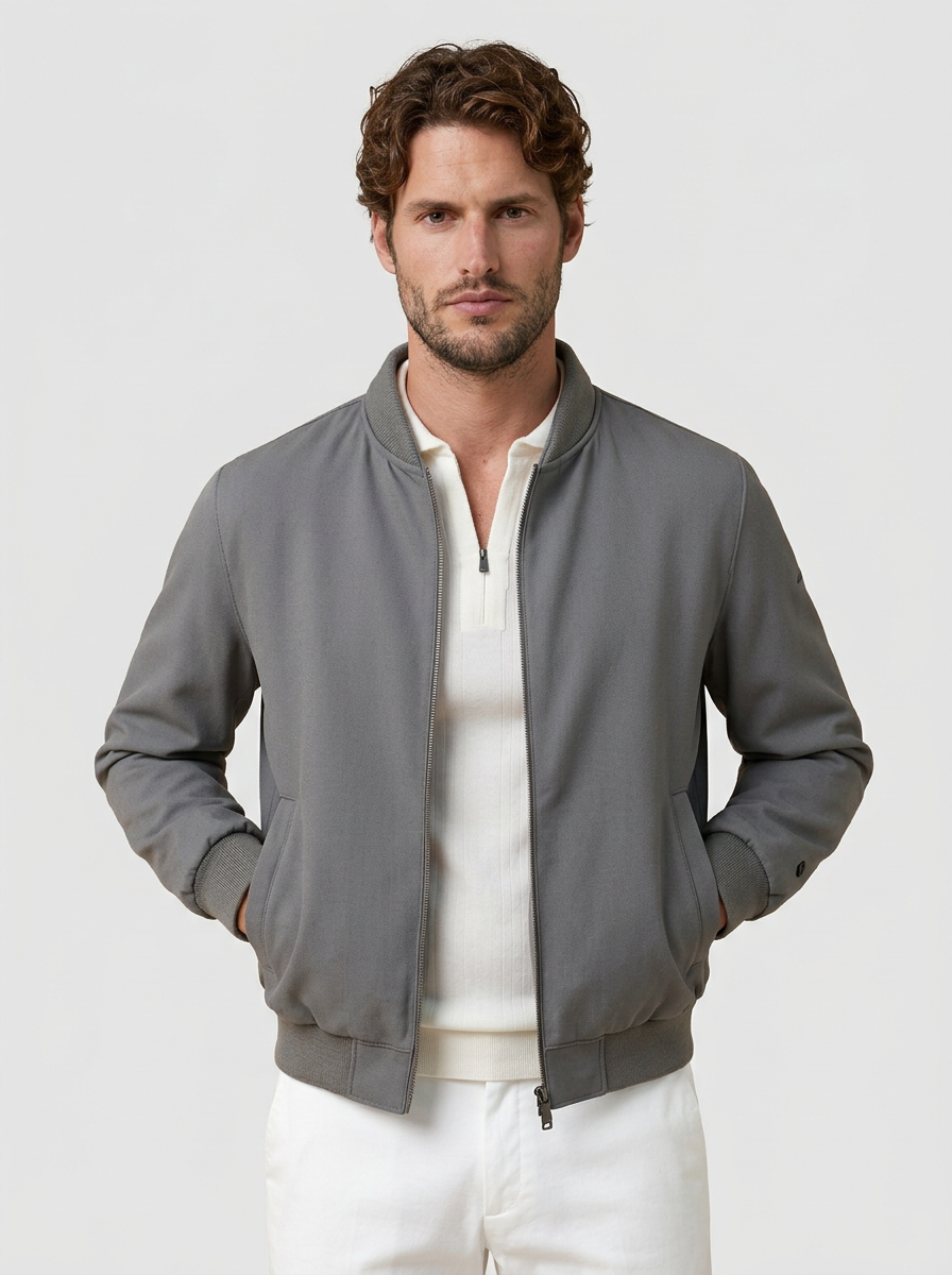 Men's Structured Woven Bomber Jacket with Ribbed Trim