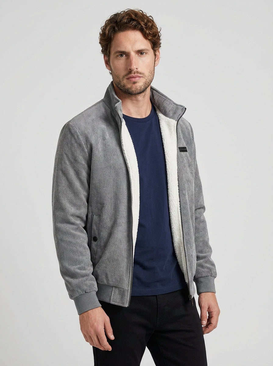 Men Textured Corduroy Bomber Jacket with Fleece Lining and Stand Collar