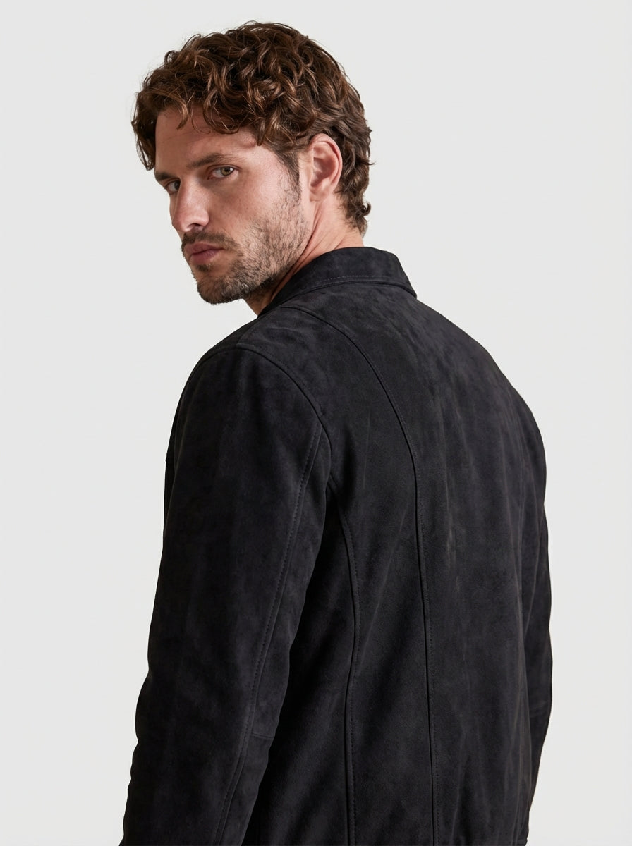 Men Faux Suede Bomber Jacket with Vertical Panel Stitching