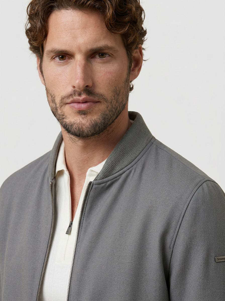 Men's Structured Woven Bomber Jacket with Ribbed Trim