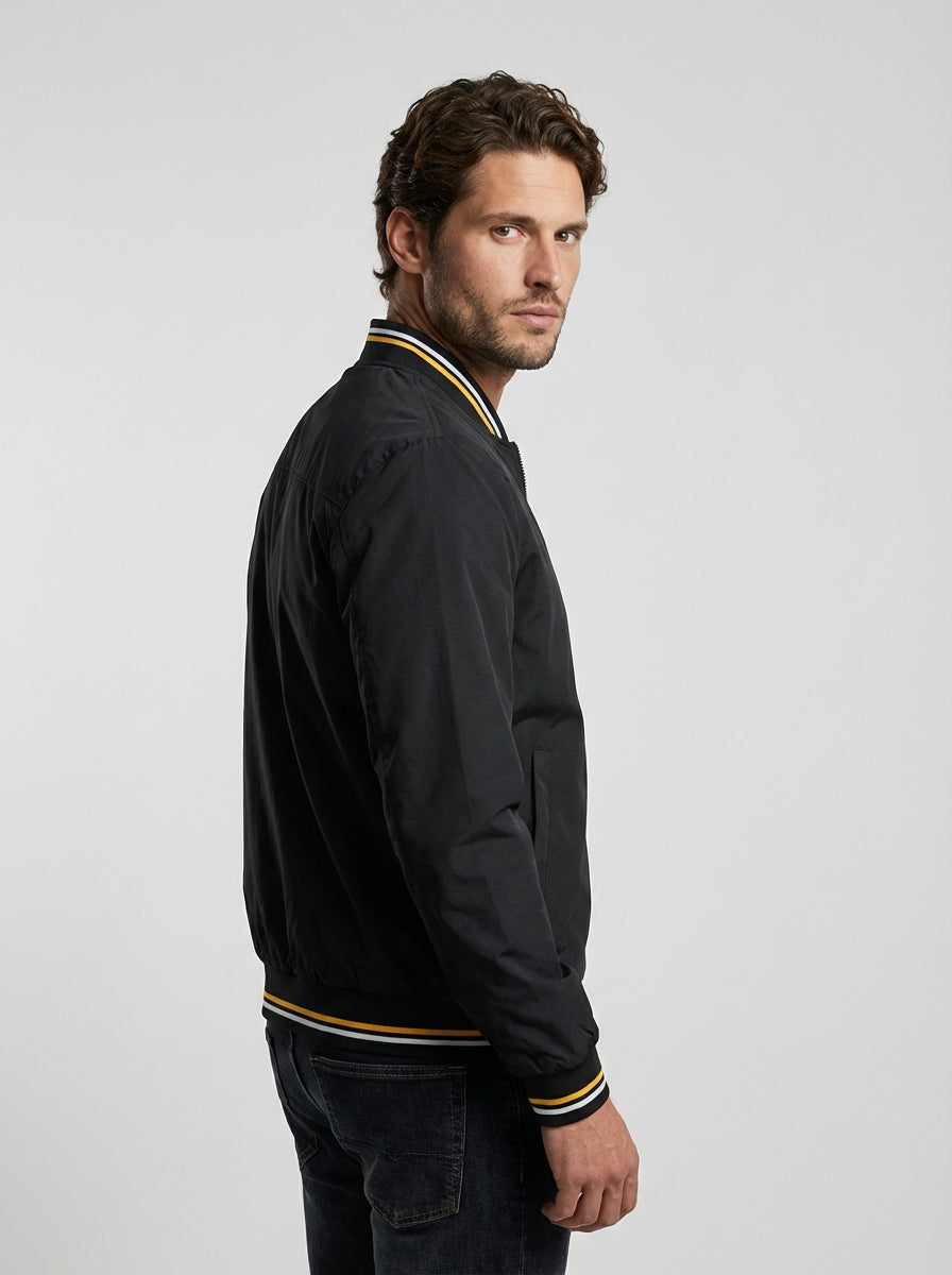 Men Lightweight Structured Woven Bomber Jacket with Tipped Ribbed Trims